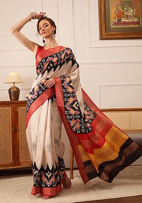 Beige Digital Print Kotha Silk Saree Set