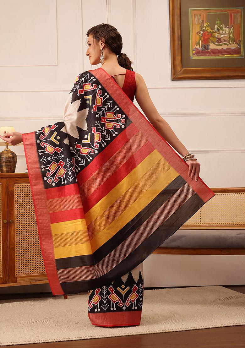 Beige Digital Print Kotha Silk Saree Set