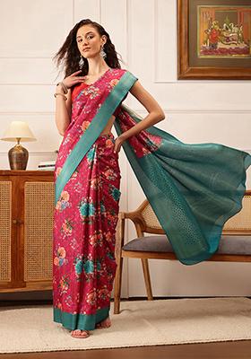 Pink Floral Print Crepe Saree Set