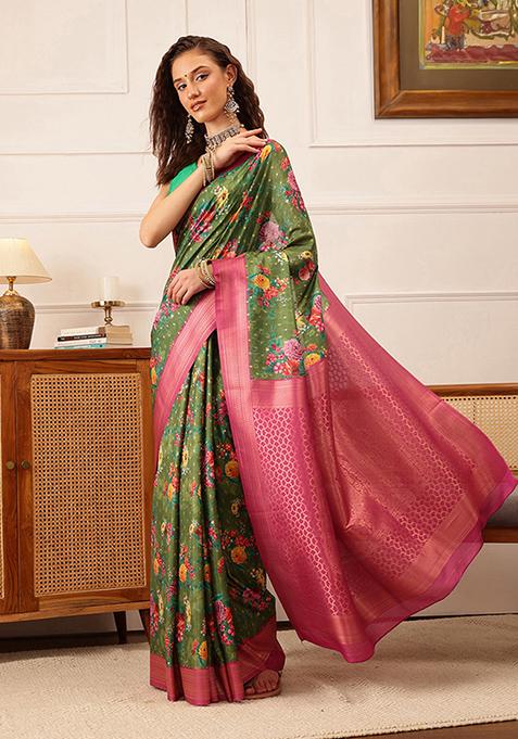 Green Floral Print Crepe Saree Set