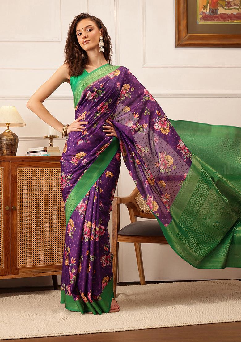 Purple Floral Print Crepe Saree Set