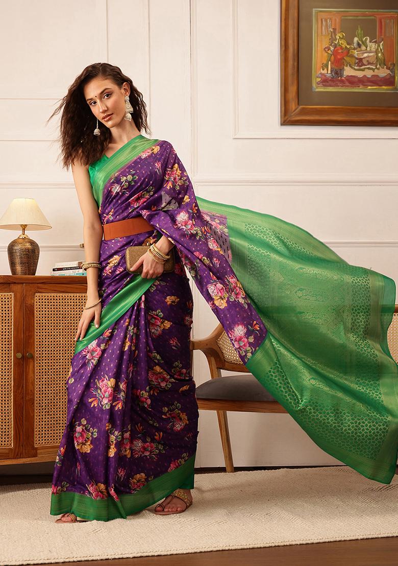 Purple Floral Print Crepe Saree Set