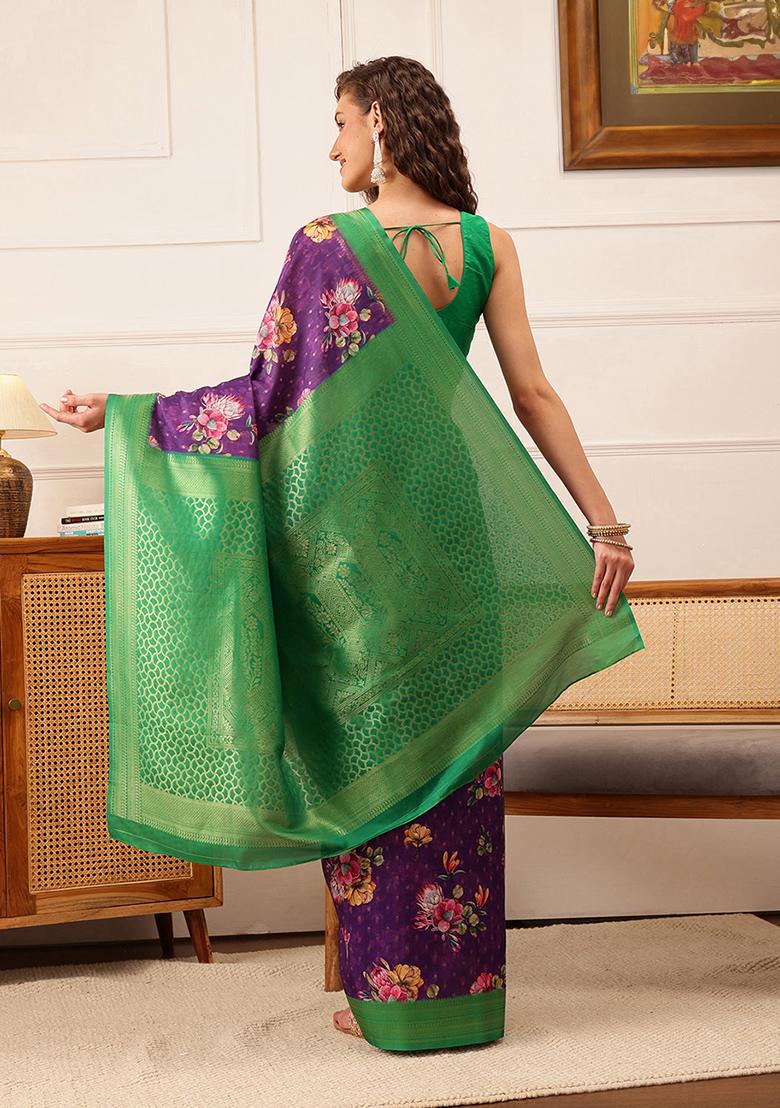 Purple Floral Print Crepe Saree Set