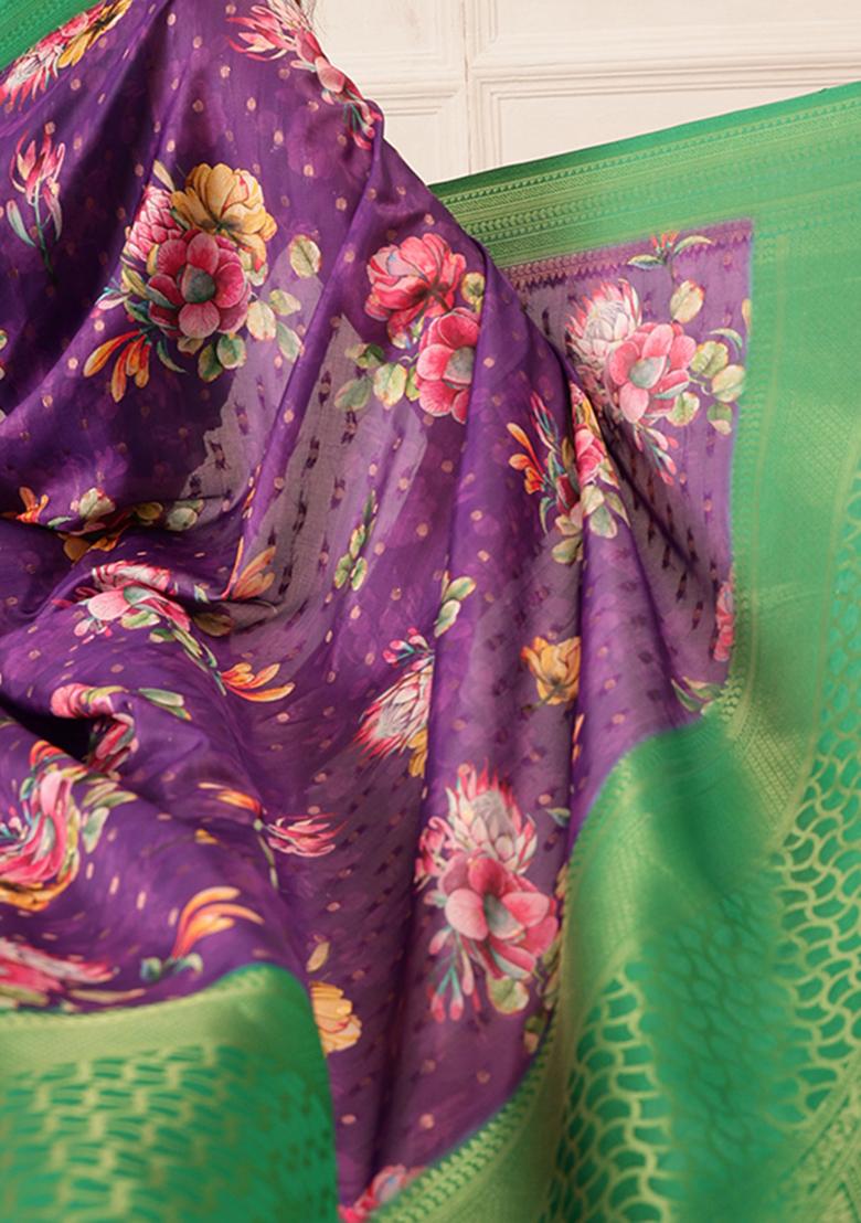 Purple Floral Print Crepe Saree Set