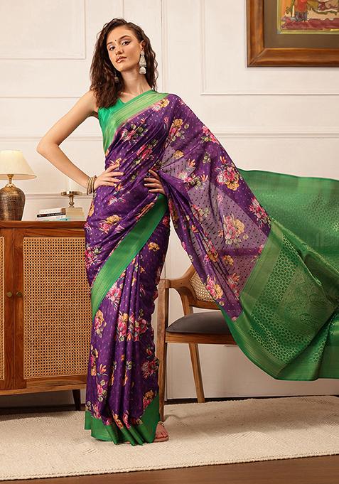 Purple Floral Print Crepe Saree Set