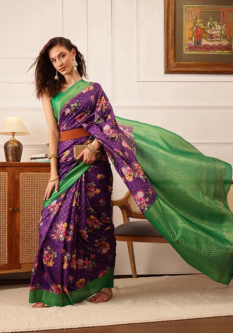 Purple Floral Print Crepe Saree Set