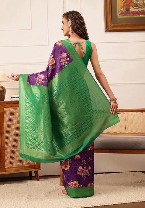 Purple Floral Print Crepe Saree Set
