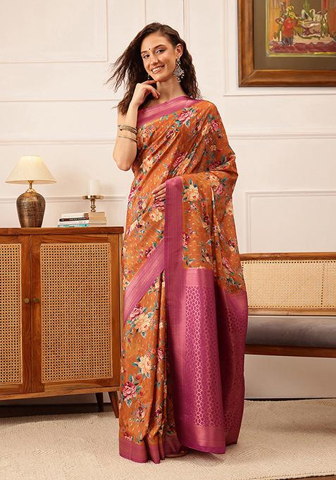 Brown Floral Print Crepe Saree Set