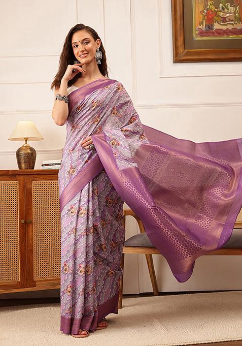 Lavender Striped Print Crepe Saree Set