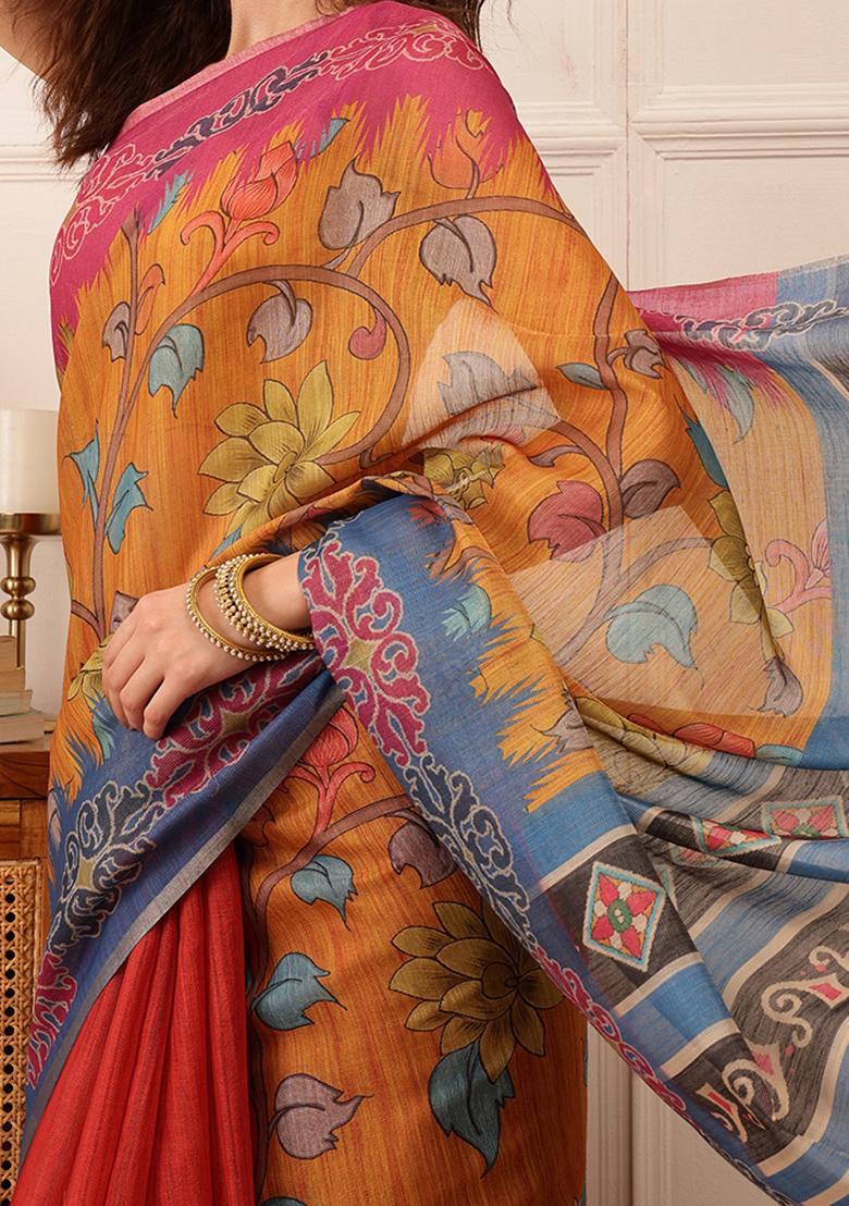 Mustard Floral Print Cotton Silk Saree Set - Indya