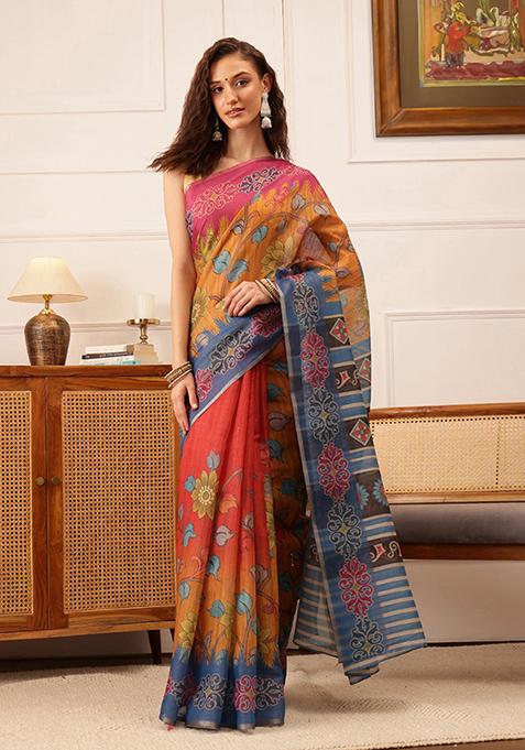 Mustard Floral Print Cotton Silk Saree Set