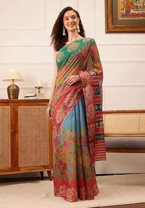 Blue Floral Print Cotton Silk Saree Set