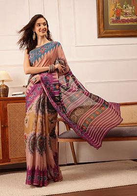Beige Floral Print Cotton Silk Saree Set