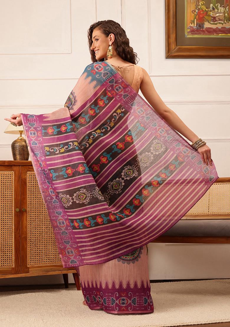 Beige Floral Print Cotton Silk Saree Set