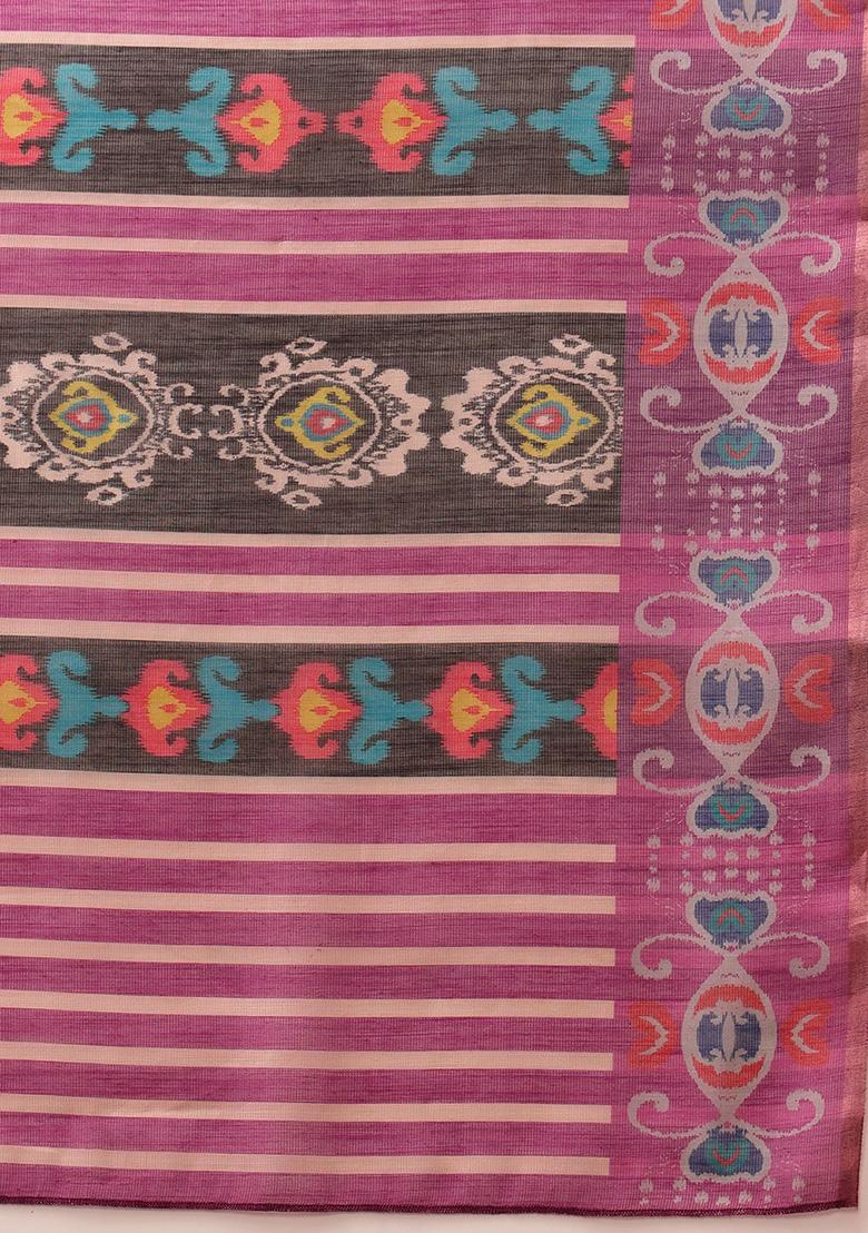 Beige Floral Print Cotton Silk Saree Set