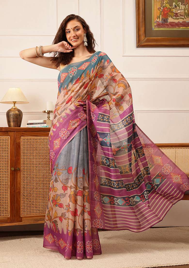 Purple Floral Print Cotton Silk Saree Set - Indya