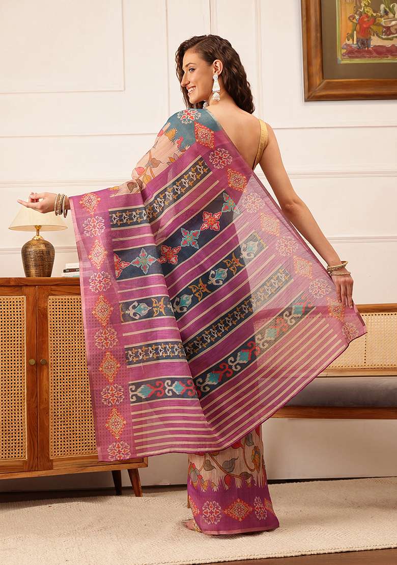 Purple Floral Print Cotton Silk Saree Set - Indya