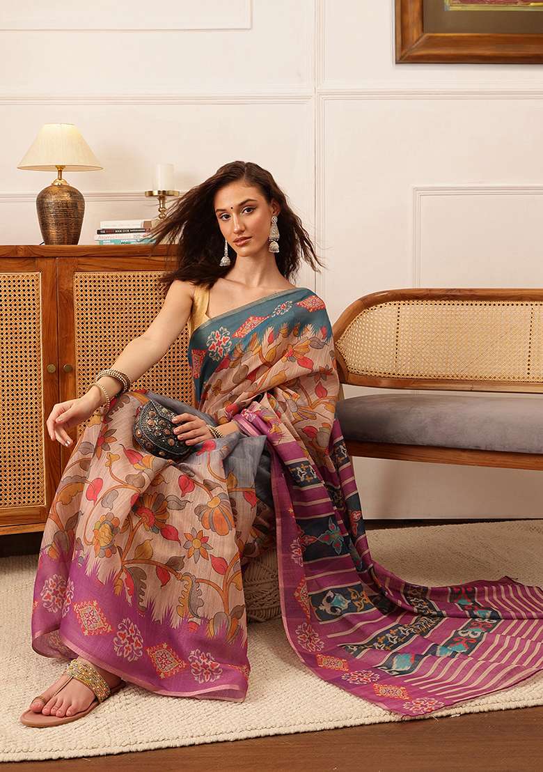 Purple Floral Print Cotton Silk Saree Set - Indya
