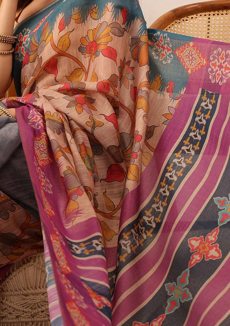 Purple Floral Print Cotton Silk Saree Set - Indya