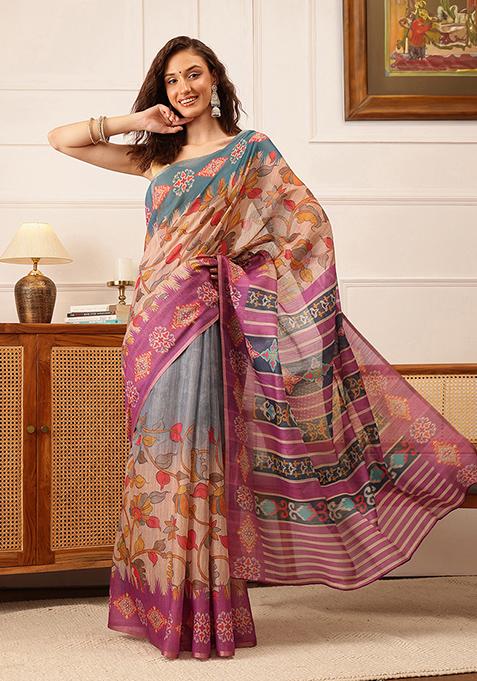 Purple Floral Print Cotton Silk Saree Set