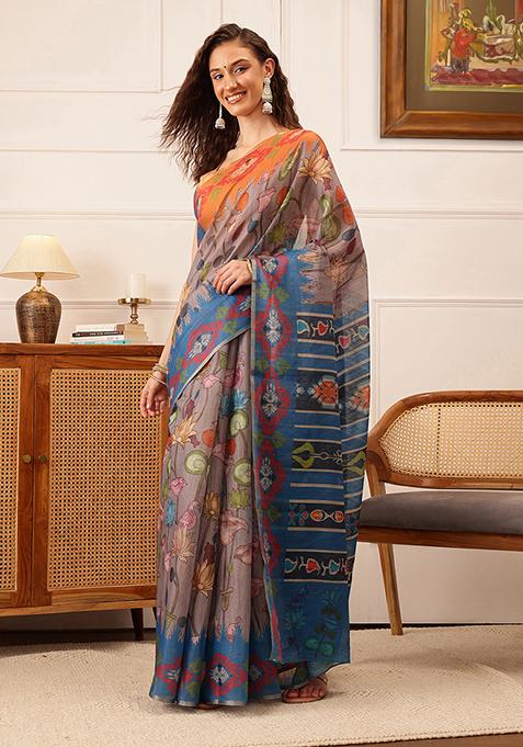 Grey Floral Print Cotton Silk Saree Set