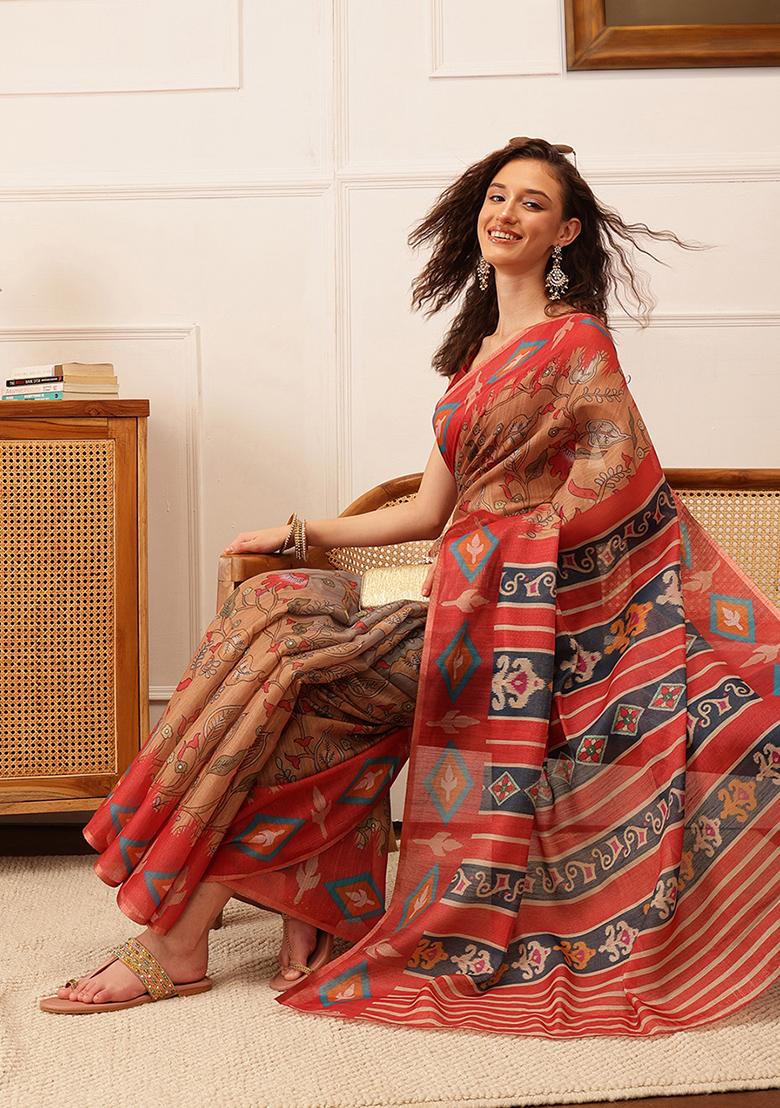 Red Floral Print Cotton Silk Saree Set
