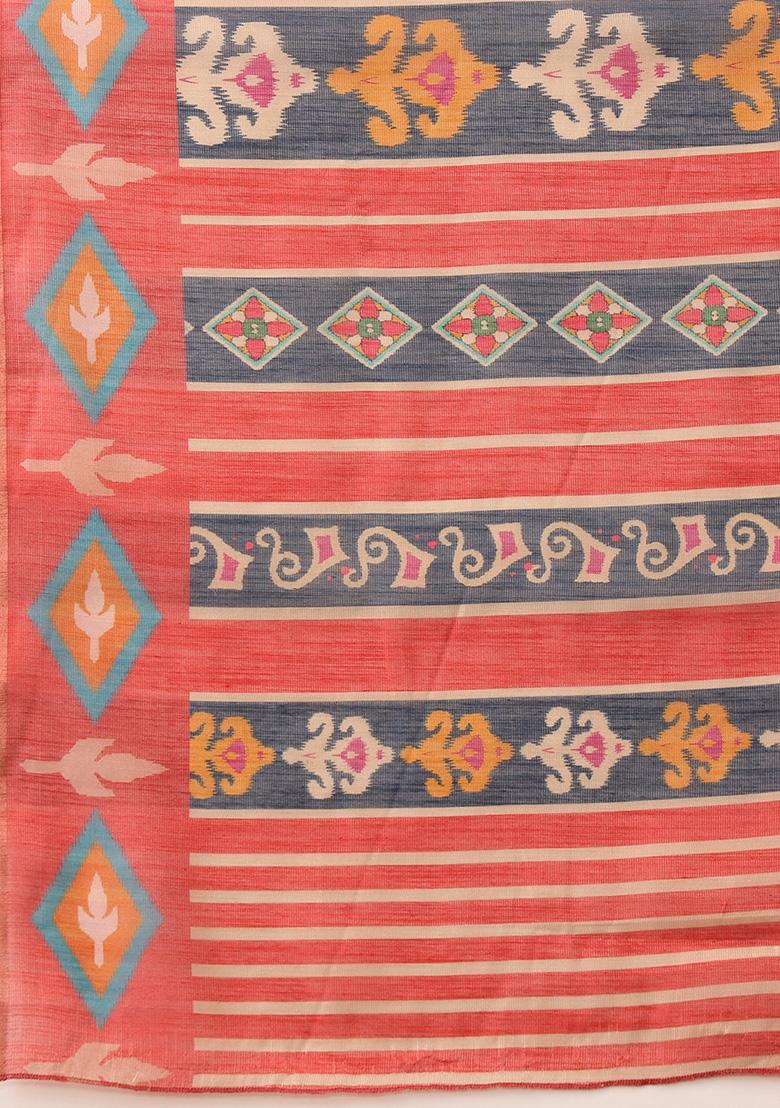 Red Floral Print Cotton Silk Saree Set