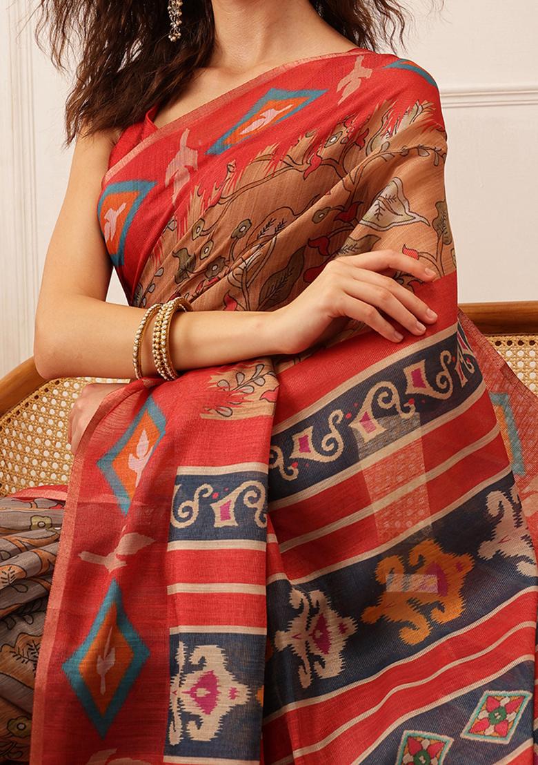 Red Floral Print Cotton Silk Saree Set