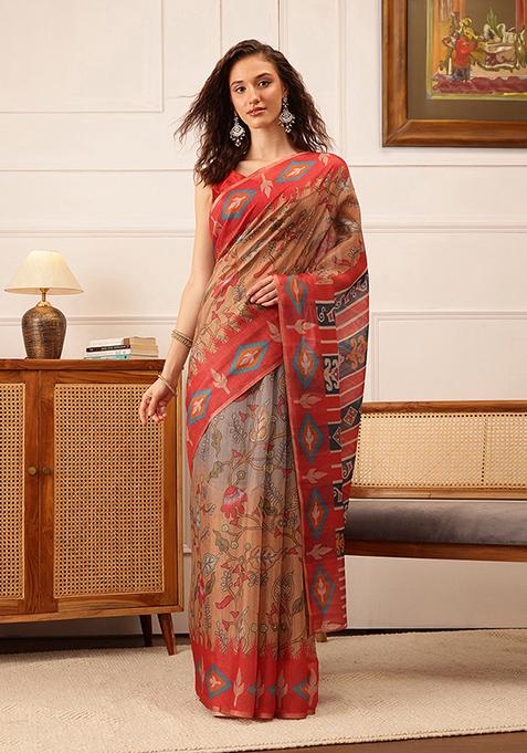 Red Floral Print Cotton Silk Saree Set