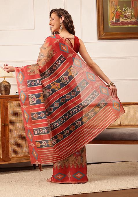 Red Floral Print Cotton Silk Saree Set