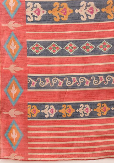 Red Floral Print Cotton Silk Saree Set