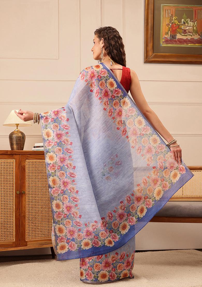 Blue Floral Print Cotton Silk Saree Set