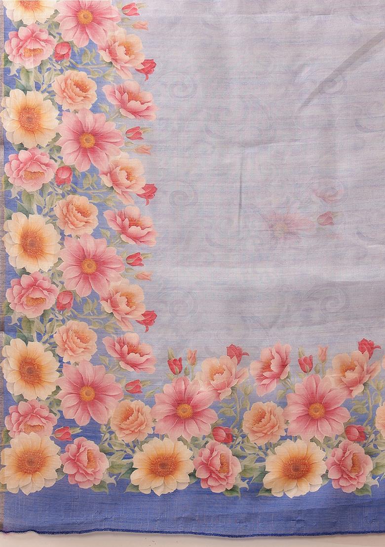 Blue Floral Print Cotton Silk Saree Set