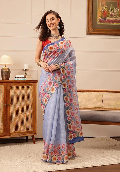 Blue Floral Print Cotton Silk Saree Set