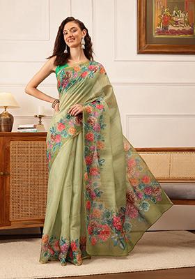 Green Floral Print Cotton Silk Saree Set