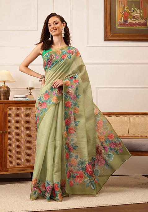 Green Floral Print Cotton Silk Saree Set