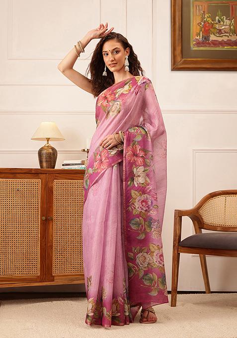 Pink Floral Print Cotton Silk Saree Set