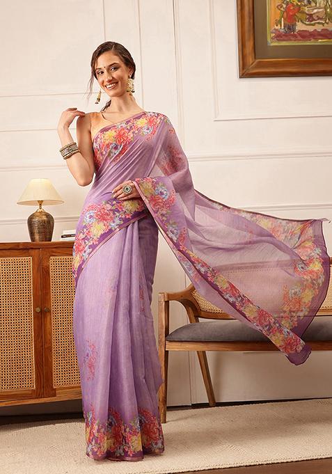 Lavender Floral Print Cotton Silk Saree Set