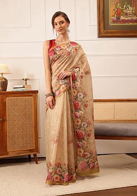 Beige Floral Print Cotton Silk Saree Set