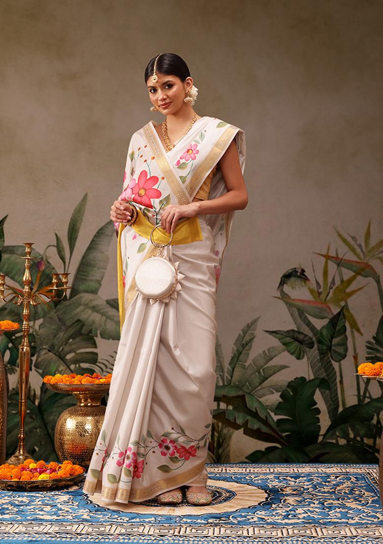 Off White Floral Print Art Silk Saree Set