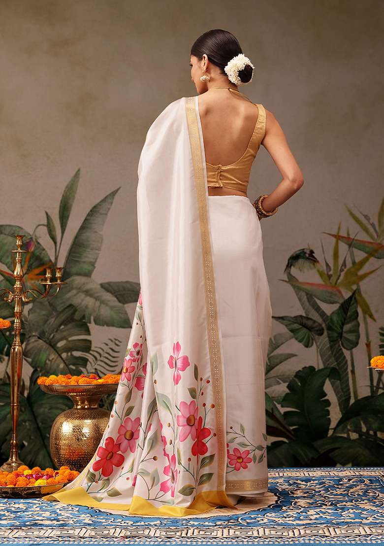 Off White Floral Print Art Silk Saree Set - Indya