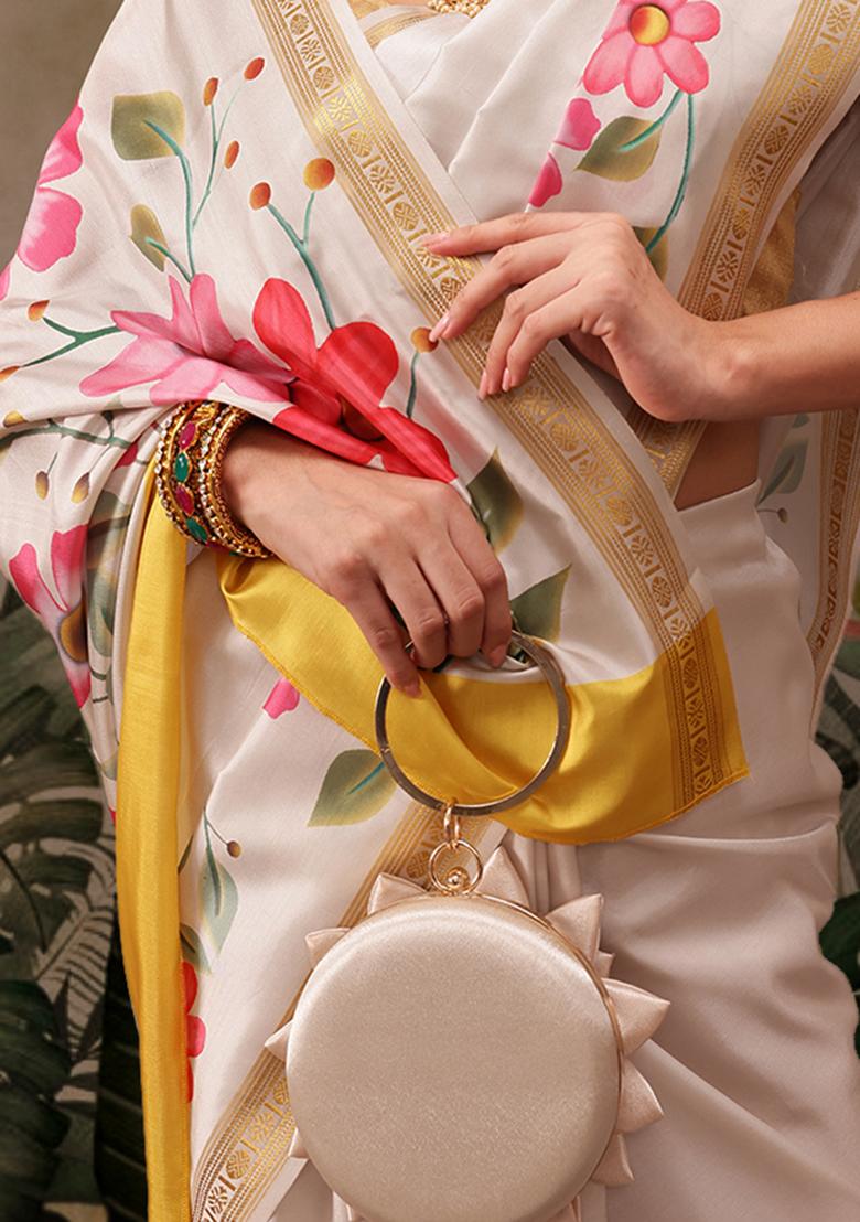 Off White Floral Print Art Silk Saree Set