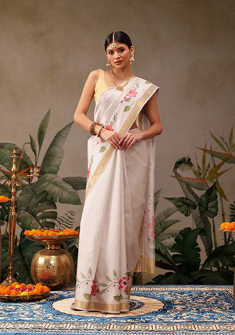 Off White Floral Print Art Silk Saree Set