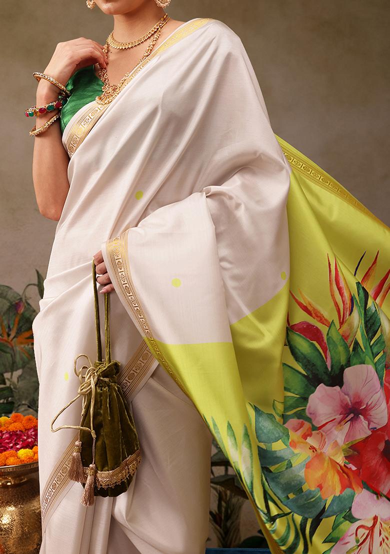 Off White Floral Print Silk Saree Set - Indya
