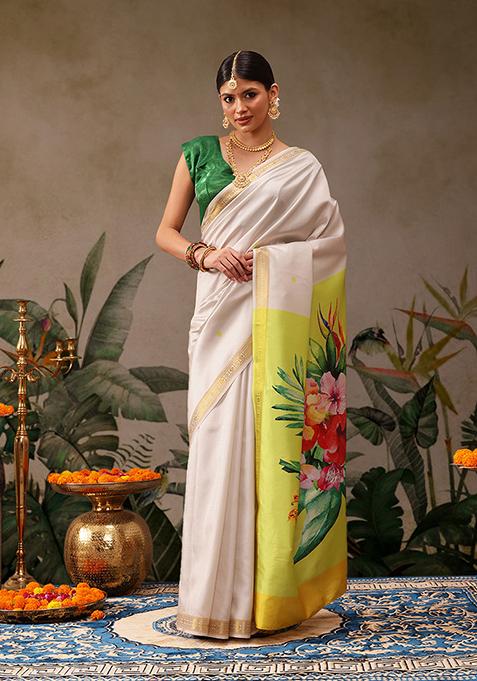 Off White Floral Print Silk Saree Set