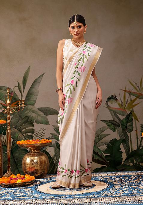 Off White Floral Print Art Silk Saree Set