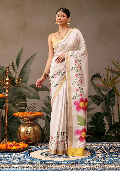 Off White Printed Art Silk Saree Set