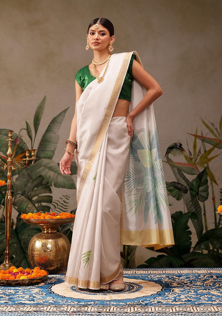 Off White Floral Print Art Silk Saree Set