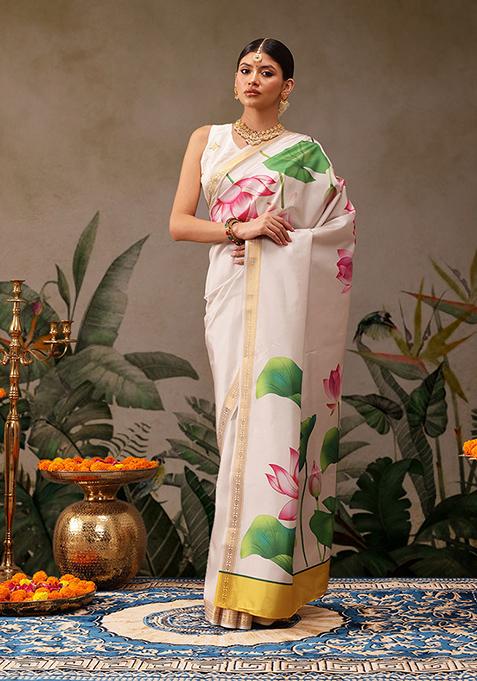 Off White Floral Print Art Silk Saree Set