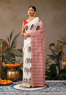 Beige Digital Print Cotton Blend Saree Set